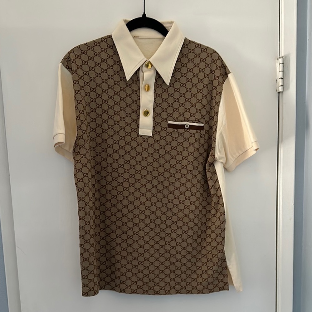 Gucci Polo Shirt in Brown and Cream with Monogram Pattern